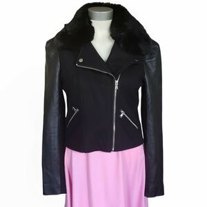 GENERATION LOVE Collins faux fur leather sleeve black moto jacket Size XS NEW